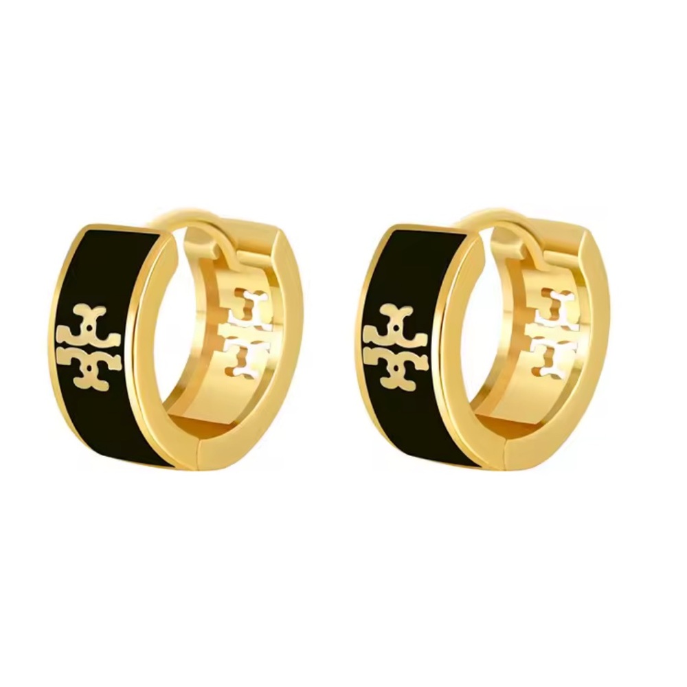 Tory Burch Gold and Black Logo Huggie Earrings